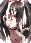  1girl bare_shoulders black_choker black_hair black_wings blue_archive breasts choker cleavage cowboy_shot feathered_wings hair_between_eyes halo hasumi_(blue_archive) highres kie_(yospcd) large_breasts long_hair looking_at_viewer mole mole_under_eye navel parted_lips red_eyes simple_background smile solo strap_slip very_long_hair white_background wings 