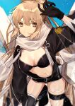  1girl absurdres bangs black_bra black_gloves black_jacket blonde_hair bra breasts brown_eyes cleavage closed_mouth fate/grand_order fate_(series) gloves hair_between_eyes highres jacket leaning_forward long_hair long_sleeves medium_breasts navel okita_j._souji_(fate) okita_souji_(fate) open_clothes open_jacket shiny shiny_hair single_thighhigh smile solo thigh_strap thighhighs underwear usamimikurage very_long_hair 