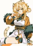  1girl animal_ears arknights black_shorts brown_eyes dress du_(arknights) feather_boa feet_out_of_frame hand_up highres lane_(lane64717955) long_hair long_sleeves looking_at_viewer orange_hair orange_sleeves over-kneehighs shorts sitting solo tail thighhighs tiger_ears tiger_girl tiger_tail white_background white_dress white_thighhighs 