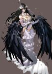  1girl ahoge albedo_(overlord) bare_shoulders black_hair black_wings breasts brown_background cleavage dress feathered_wings feathers gloves hair_between_eyes highres hip_vent holding holding_wand horns large_breasts long_hair looking_at_viewer official_art overlord_(maruyama) so-bin solo very_long_hair wand white_dress white_gloves wings yellow_eyes 