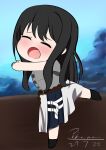  1girl absurdres belt black_hair blush chibi closed_eyes dated grey_shirt highres inoue_takina long_hair lycoris_recoil open_mouth pharmarr pose scene_reference shirt signature solo 