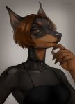  2022 absurd_res anthro black_body black_clothing black_dress black_fur black_lips brown_body brown_eyes brown_fur brown_hair canid canine canis choker clothed clothing digital_drawing_(artwork) digital_media_(artwork) dobermann domestic_dog dress female fur gikaa grey_background hair hi_res jewelry lips looking_at_viewer mammal multicolored_body multicolored_fur necklace pinscher portrait ring shaded simple_background solo two_tone_body two_tone_fur 