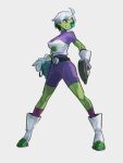  1girl ahoge belt boots breasts cheelai colored_skin dragon_ball dragon_ball_super full_body gloves green_skin grey_background grin holding kemachiku pink_eyes scouter short_hair simple_background smile solo standing white_gloves white_hair 