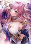  1girl absurdres arms_behind_back bare_shoulders blush breasts cleavage collarbone elysia_(herrscher_of_human:ego) elysia_(honkai_impact) guzangnanfeng hair_between_eyes hair_ornament highres honkai_(series) honkai_impact_3rd large_breasts long_hair looking_at_viewer parted_lips pink_hair purple_eyes smile solo 