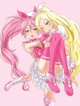  alliot9 boots carrying cure_melody cure_rhythm highres pink_background precure princess_carry ribbon_on_head suite_precure 
