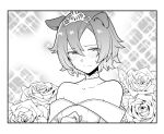  1girl animal_ears bangs bare_shoulders blush border choker closed_mouth collarbone commentary_request diffraction_spikes dress flower greyscale horse_ears looking_away looking_to_the_side monochrome off-shoulder_dress off_shoulder rose solo split_mouth sweatdrop t.m._opera_o_(umamusume) tiara umamusume upper_body zero_(zero23958365) 