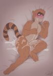  anthro balls blush blush_lines bodily_fluids cartoon_network cum cum_everywhere genital_fluids genitals hi_res jordo_(artist) looking_at_viewer lying male mammal messy penis procyonid raccoon regular_show rigby_(regular_show) saliva saliva_on_face simple_background solo thick_thighs 