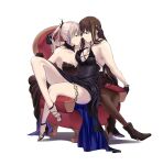  2girls absurdres anniversary armchair bangs bare_shoulders black_dress black_footwear black_gloves blue_eyes boots breasts brown_dress brown_eyes brown_gloves brown_hair brown_pantyhose chair cleavage closed_mouth collarbone dress full_body girls&#039;_frontline gloves hair_ornament hairclip hand_in_another&#039;s_hair hand_on_another&#039;s_ass high_heel_boots high_heels highres legs long_hair looking_at_another m4a1_(girls&#039;_frontline) m4a1_(suspender_of_time)_(girls&#039;_frontline) medium_breasts multicolored_hair multiple_girls official_alternate_costume pantyhose pink_hair redaiba sitting sitting_on_person small_breasts st_ar-15_(girls&#039;_frontline) st_ar-15_(prisoner_of_the_dream)_(girls&#039;_frontline) streaked_hair thighs white_background yuri 