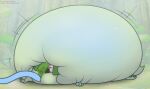  ambiguous_gender belly big_belly digital_media_(artwork) felid feline feral foxball fur green_body green_fur hi_res hyper hyper_belly inflation mammal nintendo nude pok&eacute;mon pok&eacute;mon_(species) simple_background solo sprigatito video_games 