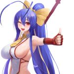  1girl antenna_hair backless_outfit bare_shoulders blazblue blazblue:_central_fiction blazblue_variable_heart blue_hair blush bow breasts covered_navel gloves hair_between_eyes hair_bow halter_top halterneck hand_up kaeru_(meriruou) large_breasts long_hair looking_at_viewer mai_natsume midriff navel no_bra one_eye_closed open_mouth ponytail purple_eyes red_gloves revealing_clothes ribbon sideboob sidelocks simple_background smile solo stomach thumbs_up upper_body very_long_hair white_background yellow_bow 
