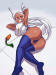 1girl :d absurdres animal_ears armpits arms_up ass bangs bite_mark boku_no_hero_academia breasts bunny_pose carrot crescent_print dark-skinned_female dark_skin gloves highleg highleg_leotard highres koyap large_breasts leotard long_eyelashes long_hair looking_at_viewer lying mirko on_side parted_bangs purple_thighhighs rabbit_ears rabbit_girl rabbit_tail red_eyes sleeveless_turtleneck_leotard smile solo tail tail_through_clothes taut_leotard teeth thighhighs thighs toned turtleneck_leotard twisted_torso wedgie white_gloves white_hair white_leotard 
