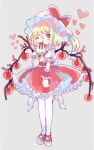  1girl ascot back_bow blonde_hair bow collared_shirt commentary_request crystal flandre_scarlet food frilled_shirt_collar frilled_skirt frilled_sleeves frills fruit full_body grey_background hat hat_bow heart hiyuu_(hiyualice) holding holding_food holding_fruit looking_at_viewer mary_janes medium_hair mob_cap one_eye_closed one_side_up puffy_short_sleeves puffy_sleeves red_bow red_eyes red_footwear red_ribbon red_skirt red_vest ribbon shirt shoes short_sleeves skirt skirt_set solo standing thighhighs touhou vest white_bow white_headwear white_shirt white_thighhighs wings wrist_cuffs yellow_ascot 