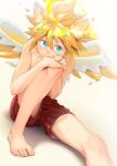  1boy ahonobo barefoot blonde_hair blue_eyes checkered_clothes closed_mouth feet foot_out_of_frame hair_between_eyes halo hands_on_own_knee highres kagamine_len male_focus shadow shiny shiny_hair short_hair smile toenails toes underwear vocaloid wings 