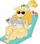  animal_crossing anthro beverage canid canine canis cra domestic_dog elf eyewear female hi_res holding_beverage holding_object humanoid isabelle_(animal_crossing) larger_female mammal nintendo nude purple_yoshi_draws shih_tzu size_difference sunglasses thick_thighs toy_dog video_games 