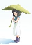  1girl absurdres akebi-chan_no_serafuku akebi_kao black_hair blue_eyes blue_neckerchief blush bob_cut chagama_teishoku dress highres leaf_umbrella looking_at_viewer medium_hair neckerchief parted_lips rain_boots short_dress solo surprised white_dress 