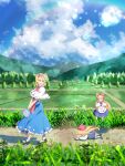  3girls absurdres alice_margatroid apron ascot bag bangs black_footwear blonde_hair blue_dress blue_eyes capelet cattleya_(a_yel_ttac) closed_eyes commentary_request crops day dress falling field floating frilled_ascot frilled_capelet frilled_dress frills full_body grass handbag highres long_hair mary_janes medium_hair minigirl mountainous_horizon multiple_girls outdoors puffy_short_sleeves puffy_sleeves red_ascot road shanghai_doll shoes short_sleeves touhou tree waist_apron walking white_capelet 