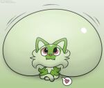  ambiguous_gender belly big_belly felid feline feral foxball fur green_body green_fur happy hi_res hyper hyper_belly inflation mammal nintendo nude pok&eacute;mon pok&eacute;mon_(species) simple_background smile solo sprigatito video_games 