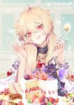  1boy :p absurdres ahoge androgynous birthday birthday_cake bishounen blonde_hair blueberry cake cherry cream crepe dessert detached_sleeves facial_mark food fork fruit girly_boy hands_up hannya hannya_(onmyoji) happy_birthday head_tilt heart highres holding holding_fork long_hair long_sleeves looking_at_viewer male_focus mask mask_removed moto_mitsuashi onmyoji otoko_no_ko pale_skin pastry red_eyes solo star_(symbol) strawberry strawberry_shortcake tongue tongue_out vengeful_hannya_(onmyoji) wavy_hair 