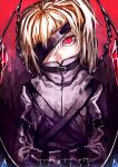  1girl alternate_costume blonde_hair bound bound_arms covered_mouth crystal eyepatch flandre_scarlet highres looking_at_viewer medium_hair one_eye_covered one_side_up red_eyes restrained slit_pupils solo straitjacket touhou u_u_zan upper_body wings 