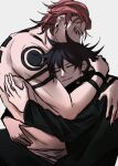  2boys affectbitter arm_tattoo bangs black_hair black_jacket black_nails buttons couple extra_arms extra_eyes facial_tattoo fushiguro_megumi hair_between_eyes height_difference highres hug jacket jujutsu_kaisen long_sleeves male_focus multiple_boys muscular muscular_male mutual_hug pants pink_hair ryoumen_sukuna_(jujutsu_kaisen) short_hair shoulder_tattoo size_difference smile spiked_hair tattoo topless_male yaoi 