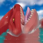  bodily_fluids cloud female feral hi_res looking_at_viewer monster open_mouth red_(the_sea_beast) red_body saliva sea sea_monster sharp_teeth solo teeth the_sea_beast tongue vore_(artist) water yellow_eyes 