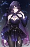  1girl 707arisu breasts dress earrings expressionless genshin_impact gradient_hair hand_in_own_hair highres jewelry large_breasts long_hair mona_(genshin_impact) moon_(symbol) multicolored_hair purple_dress purple_hair solo sparkle star_(symbol) very_long_hair 