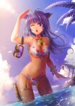  1girl :o ahoge animal_ears antenna_hair arm_up armpits bangs beach_umbrella bead_bracelet beads bell bikini bracelet breasts cat_ears clothing_request day floral_print fogmisthaze garter_straps goggles goggles_around_arm goggles_removed jewelry lantern light_rays long_hair looking_afar marine_day multiple_bracelets navel neck_bell necklace ocean one_eye_closed open_mouth original palm_tree partially_underwater_shot print_bikini purple_eyes purple_hair rock salute single_garter_strap single_thighhigh sky solo sunlight swimsuit thigh_strap thighhighs tree umbrella underboob wading water_drop wet 