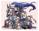  6+girls absurdres black_dress blue_bodysuit blue_hair bodysuit bodysuit_under_clothes border braid brown_hair carrying centaur chibi chibi_inset closed_eyes commentary_request dress extra_arms eyewear_on_head facial_hair fate/grand_order fate_(series) goatee headpat heart height_difference highres long_braid long_hair multiple_girls multiple_persona pink_background seeds328 single_braid sparkling_eyes sunglasses taur translation_request twintails very_long_hair white_border xiang_yu_(fate) yellow_eyes yu_mei-ren_(fate) yu_mei-ren_(first_ascension)_(fate) yu_mei-ren_(swimsuit_lancer)_(fate) 