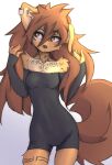  anthro apogee_(tinygaypirate) arm_tuft bare_shoulders black_nose breasts brown_body brown_eyes brown_fur brown_hair camel_toe canid canine canis clothing cowlick curled_tail domestic_dog ear_piercing eyebrow_through_hair eyebrows eyelashes facial_markings facial_piercing female floppy_ears fur furgonomics furry-specific_piercing gradient_background grey_background hair head_markings hi_res inner_ear_fluff leg_tuft long_hair looking_aside mammal markings messy_hair mottled mottled_nose muzzle_piercing navel_outline nose_piercing piercing pink_nose portrait raised_arms raised_eyebrow simple_background slim small_breasts solo spitz standing three-quarter_portrait tinygaypirate translucent translucent_hair tuft 