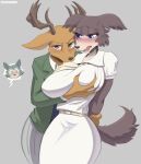 2022 anthro beastars big_breasts blush breast_grab breasts brown_body brown_fur canid canine canis cervid clothed clothing cooliehigh female fur hand_on_breast hi_res juno_(beastars) legoshi_(beastars) louis_(beastars) male male/female mammal shirt topwear wolf 