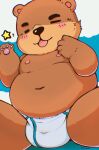  2022 animal_crossing anthro belly big_belly black_nose blush bulge clothing eyes_closed hi_res inusawa kemono male mammal moobs navel nintendo nipples overweight overweight_male sitting solo teddy_(animal_crossing) underwear ursid video_games 