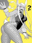  1girl :d ? absurdres animal_ears armpits ass bangs bare_shoulders black_bow black_bowtie black_leotard boku_no_hero_academia bow bowtie breasts bunny_day champagne_flute covered_navel cowboy_shot cup dark-skinned_female dark_skin detached_collar drinking_glass fishnet_pantyhose fishnets gloves greyscale_with_colored_background highres holding holding_tray koyap large_breasts leotard long_eyelashes long_hair looking_at_viewer mirko open_mouth pantyhose rabbit_ears rabbit_girl rabbit_tail red_eyes smile solo spilling strapless strapless_leotard swept_bangs tail teeth thick_thighs thighs toned tray twisted_torso very_long_hair white_gloves white_hair yellow_background 