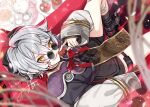  1boy absurdres antenna_hair bishounen blurry chinese_knot depth_of_field dutch_angle glasses grey_hair hair_between_eyes hannya hannya_(onmyoji) highres holding long_sleeves looking_at_viewer male_child male_focus moto_mitsuashi onmyoji puffy_long_sleeves puffy_sleeves short_hair smile solo twisted_torso white_hair yellow_eyes 