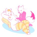  1:1 anthro arctic_fox areola belly_rub blush blush_lines breasts brushy_(cat-boots) canid canine cat-boots clothed clothing duo ear_piercing eyes_closed facial_piercing female fox fur hair hands_behind_head hoodie kneeling legwear legwear_only lying male mammal mostly_nude navel nipples nose_piercing on_back on_pillow partially_clothed pattern_clothing pattern_legwear pattern_stockings piercing pillow simple_background smile sparkles stockings stockings_only striped_clothing striped_legwear striped_stockings stripes topwear unknown_species white_background white_body white_fur 