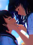  2girls absurdres bangs black_hair black_sailor_collar chromatic_aberration closed_eyes comforting commentary crying english_commentary from_side gerar_dc hand_on_another&#039;s_cheek hand_on_another&#039;s_face highres long_hair multiple_girls original outdoors sailor_collar school_uniform serafuku summer tears teeth upper_body 