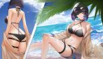  1girl absurdres ass bangs bare_back bare_legs bare_shoulders barefoot beach bikini black_bikini black_choker black_hair blue_eyes blue_hair blue_sky blunt_bangs bob_cut bracelet breasts choker cleavage cloud commentary_request criss-cross_halter day eyewear_on_head foot_out_of_frame genera-x genshin_impact grey_jacket halterneck highres jacket jewelry large_breasts long_sleeves looking_at_viewer multicolored_hair multiple_views navel ocean off_shoulder open_clothes open_jacket outdoors revision short_hair sitting sky smile standing stomach sunglasses swimsuit thigh_strap thighs water yelan_(genshin_impact) 