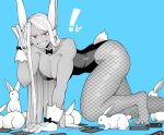  ! 1girl :d absurdres all_fours animal_ears ass bare_shoulders black_bow black_bowtie black_leotard blue_background boku_no_hero_academia bow bowtie breasts bunny_day card cleavage collarbone dark-skinned_female dark_skin feet fishnet_pantyhose fishnets foot_out_of_frame gloves greyscale_with_colored_background hair_over_shoulder hand_in_own_hair hand_up hanging_breasts highres koyap large_breasts leotard long_eyelashes long_hair mirko pantyhose playing_card rabbit rabbit_ears rabbit_girl rabbit_tail red_eyes smile solo strapless strapless_leotard tail tail_through_clothes teeth thick_thighs thighs toned very_long_hair white_gloves white_hair 