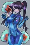  1girl bangs black_hair blue_bodysuit blush bodysuit breasts cosplay covered_navel covered_nipples cowboy_shot dakusuta grey_background high_ponytail highres komi-san_wa_komyushou_desu komi_shouko large_breasts long_hair looking_at_viewer metroid metroid_(creature) ponytail purple_eyes samus_aran samus_aran_(cosplay) sidelocks skin_tight solo sweat zero_suit 