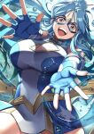  1girl attack blue_gloves blue_hair breasts cleavage domino_mask elbow_gloves element_bending english_commentary fingerless_gloves foreshortening fujioka_yatsufusa gloves highres japanese_clothes kamen_america_(comic) kamen_ramen large_breasts mask open_hands open_mouth scarf solo superhero uniform water water_drop yellow_scarf 