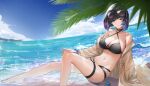  1girl absurdres bangs bare_legs bare_shoulders barefoot beach bikini black_bikini black_choker black_hair blue_eyes blue_hair blue_sky blunt_bangs bob_cut bracelet breasts choker cleavage cloud commentary_request criss-cross_halter day eyewear_on_head foot_out_of_frame genera-x genshin_impact grey_jacket halterneck highres jacket jewelry large_breasts long_sleeves looking_at_viewer multicolored_hair navel ocean off_shoulder open_clothes open_jacket outdoors short_hair sitting sky smile solo stomach sunglasses swimsuit thigh_strap thighs water yelan_(genshin_impact) 
