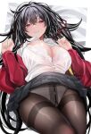 1girl azur_lane black_hair black_skirt bra breasts brown_pantyhose clothes_lift commentary_request highres keishi_surota lace lace_bra large_breasts long_hair long_sleeves looking_at_viewer lying on_back on_bed open_clothes open_shirt panties panties_under_pantyhose pantyhose parted_lips pleated_skirt red_eyes skirt skirt_lift solo taihou_(azur_lane) taihou_(sweet_time_after_school)_(azur_lane) thighband_pantyhose underwear white_bra 