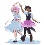  2girls amity_blight arm_up blush boots closed_eyes couple dancing dark-skinned_female dark_skin dress hadallae happy highres korean_commentary luz_noceda multiple_girls open_mouth short_hair short_ponytail simple_background smile the_owl_house tutu yuri 