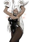  1girl absurdres animal_ears animal_hands armpits arms_up bangs bare_shoulders black_bow black_bowtie black_leotard blush boku_no_hero_academia bow bowtie breasts breath bunny_pose cleavage cowboy_shot dark-skinned_female dark_skin detached_collar fishnet_pantyhose fishnets gloves heart highleg highleg_leotard highres large_breasts leotard long_eyelashes long_hair looking_at_viewer mirko muraiiimura open_mouth pantyhose parted_bangs paw_gloves rabbit_ears rabbit_girl red_eyes shiny shiny_clothes sleeveless_turtleneck_leotard solo speech_bubble strapless strapless_leotard sweat teeth thighs toned upper_teeth white_background white_gloves white_hair 