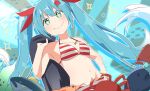  1girl air_bubble animal aqua_eyes aqua_hair bikini bow breasts bubble carrying_over_shoulder coat crab fish from_below hair_bow hand_on_hip hand_up hatsune_miku highres holding holding_clothes holding_coat jewelry kelp kuroiwa_brs looking_at_viewer midriff navel necklace octopus_hair_ornament red_bikini red_bow shrimp small_breasts smile solo sparkle sparkling_eyes striped striped_bikini swimsuit upper_body vocaloid wavy_hair white_hair yuki_miku yuki_miku_(2022) 