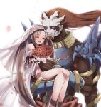  1boy 1girl :d alternate_eye_color artist_name blue_eyes blush bouquet bridal_veil brown_hair carrying closed_mouth commentary_request couple extra_arms fate/grand_order fate_(series) hetero highres holding holding_bouquet husband_and_wife long_hair muscular muscular_male seeds328 smile veil very_long_hair xiang_yu_(fate) yu_mei-ren_(fate) yu_mei-ren_(swimsuit_lancer)_(fate) 