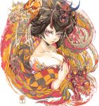  1girl absurdres artist_logo black_hair breasts character_request cleavage dragon eastern_dragon fingernails highres horns kimetsu_no_yaiba large_breasts lips mask mole mole_on_breast nail_polish oni_horns oni_mask parkjinsuky red_eyes red_nails sharp_fingernails solo tattoo white_background 