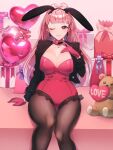  1girl animal_ears balloon breasts bunny_day cleavage earrings fake_animal_ears fire_emblem fire_emblem:_three_houses gift gloves heart_balloon highres hilda_valentine_goneril jewelry large_breasts one_eye_closed pantyhose pink_gloves pink_hair playboy_bunny stuffed_animal stuffed_toy teddy_bear tomo_shirasu 
