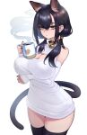  1girl absurdres animal_ears arm_under_breasts bell black_hair black_nails black_thighhighs breasts cat_ears cat_girl cat_tail cleavage cleavage_cutout closed_mouth clothing_cutout coffee coffee_mug collar cowboy_shot cup detached_sleeves dress hair_between_eyes heart highres holding holding_cup jingle_bell jitome large_breasts long_hair long_sleeves looking_at_viewer low_twintails mug neck_bell original psidubs simple_background sleeveless sleeveless_sweater sleeves_past_wrists slit_pupils solo sweater sweater_dress tail thighhighs thighs twintails white_background white_sweater yellow_eyes zettai_ryouiki 