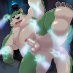  2022 absurd_res anthro armpit_hair belly big_belly black_nose blush body_hair canid canine canis detailed_background domestic_dog erection feet fingering genitals green_body handjob hi_res humanoid_genitalia humanoid_hands humanoid_penis k_gutless kemono lifewonders live-a-hero male mammal mokdai moobs nipples overweight overweight_male penile penis sex solo_focus video_games 