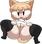  animal_humanoid anus big_butt blonde_hair bottomless butt cat_humanoid clothed clothing felid felid_humanoid feline feline_humanoid female genitals hair humanoid inner_ear_fluff leggings legwear looking_at_viewer mammal mammal_humanoid neco-arc open_mouth pussy red_eyes shirt solo thick_thighs topwear tuft vilepluff white_body white_skin 